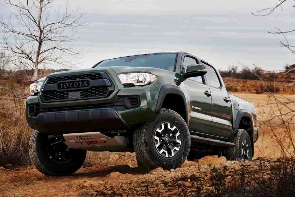 An image of a 2021 Toyota Tacoma with the new TRD lift kit outside off-roading.