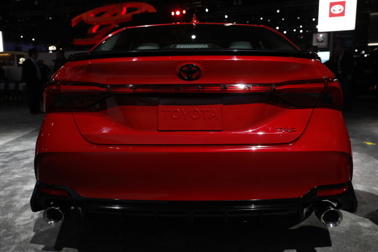 A back of a Toyota Avalon on display at an auto show