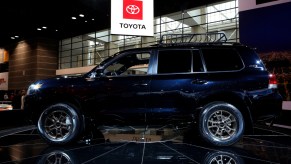A Toyota Land Cruiser Heritage Edition on display at an auto show