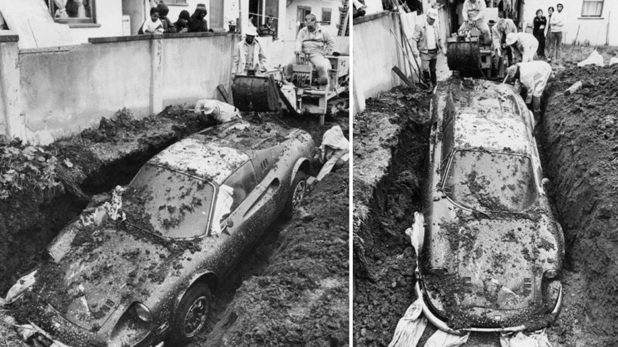 An image of a Ferrari Dino getting dug out of a hole in LA.