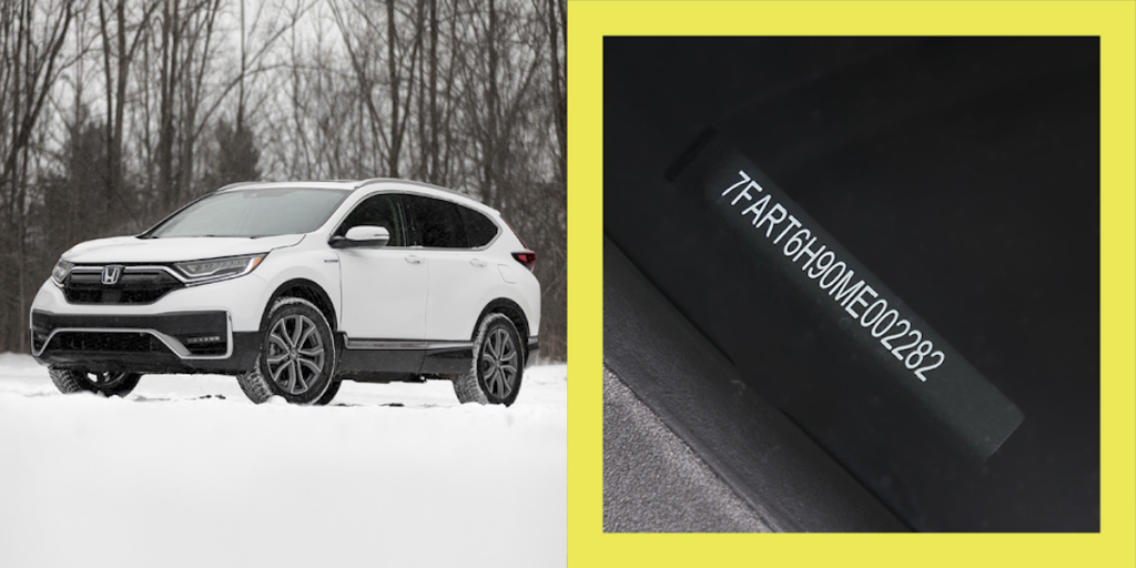 a close up of a real Honda CR-V VIN that starts with "7FART"