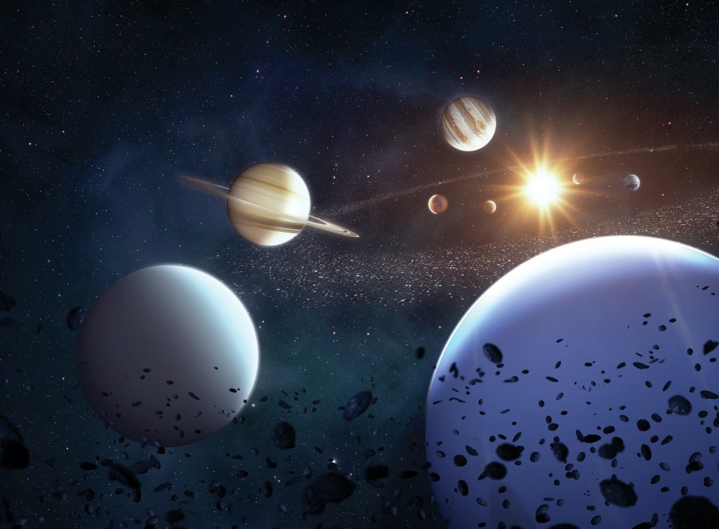 Illustration of the Solar System viewed from beyond Neptune, with all eight planets visible around the Sun. 