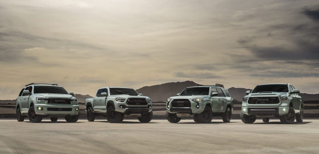 the 2021 TRD pro lineup in the desert showing off the Lunar Rock TRD Pro color