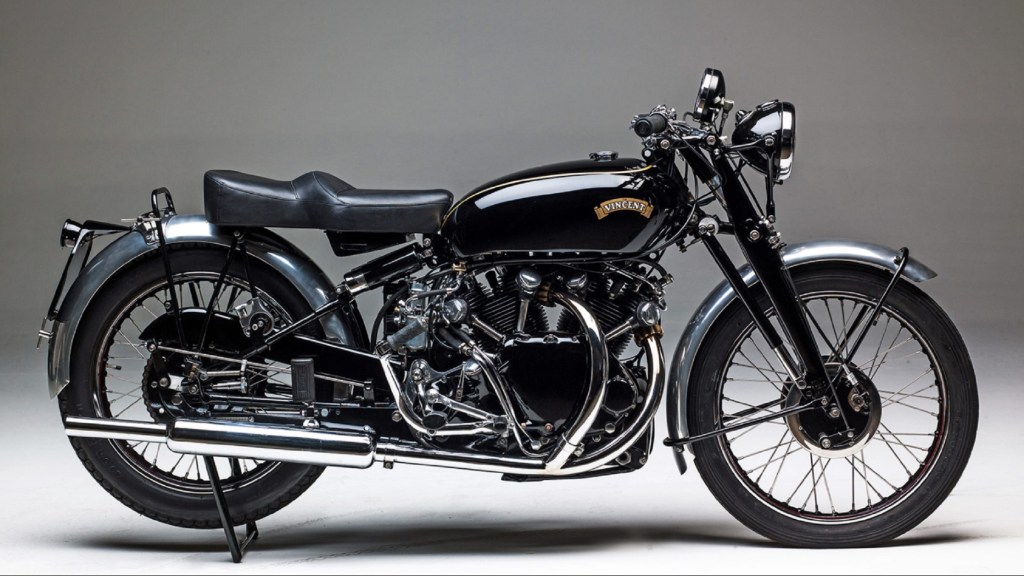 The side view of a black 1949 Vincent Black Shadow