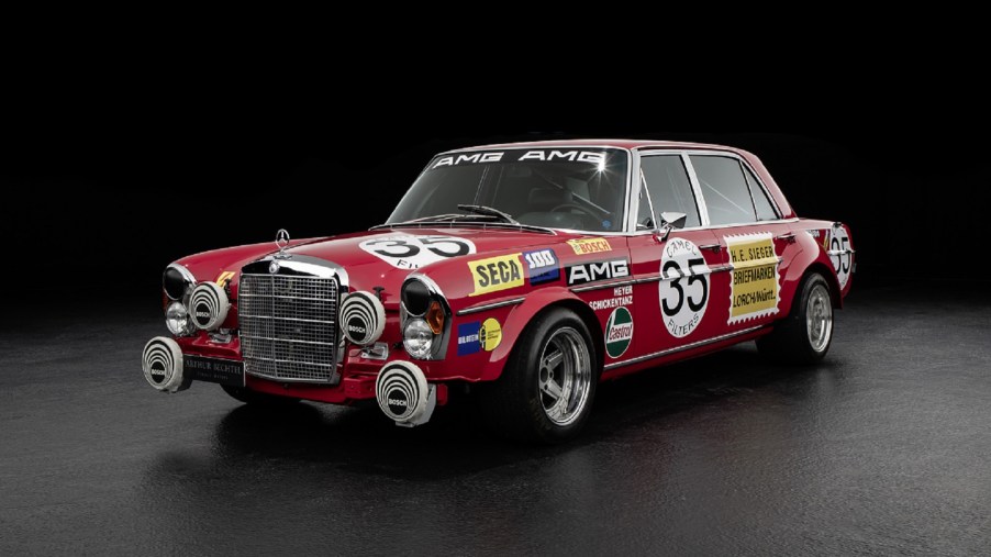 A red 1971 Mercedes 300 SEL 6.8 AMG 'Red Pig' replica