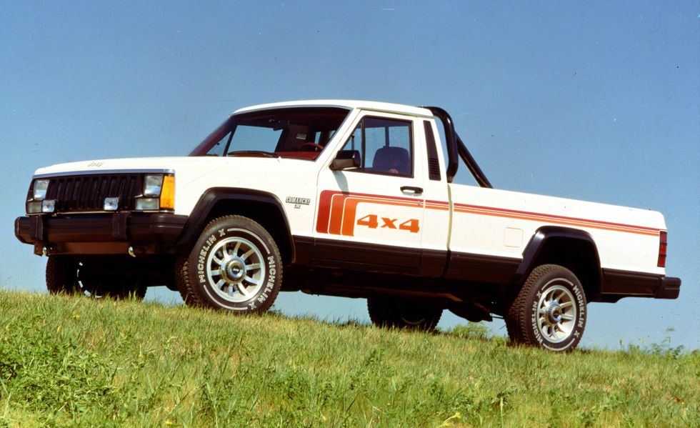 The 1986 Jeep Comanche parked in grass