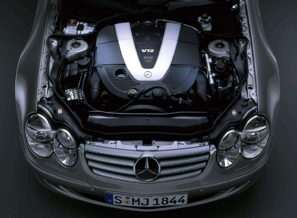 The 2004 Mercedes-Benz SL600's V12 engine in the engine bay
