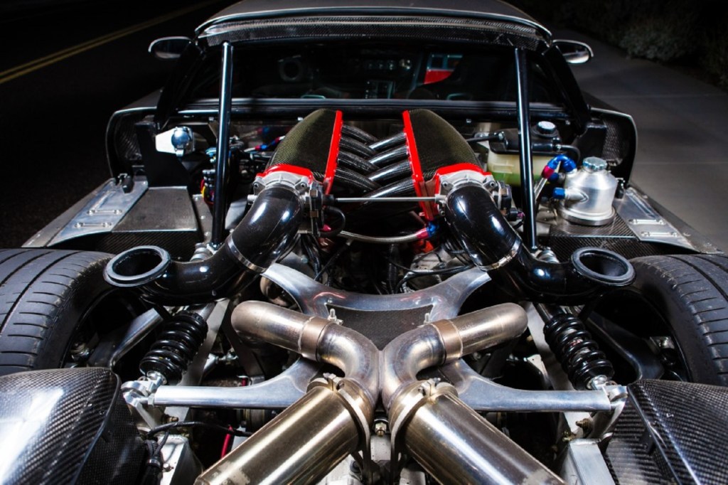 The 2014 Falcon F7's mid-mounted 7.0-liter V8 engine seen from the rear
