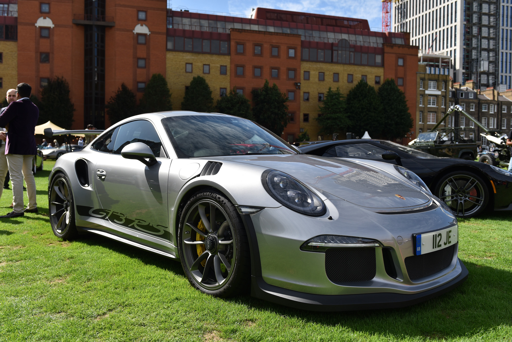 A silver 2016 Porsche 911 GT3 RS luxury sports car on display outside during the London Concours at Honourable Artillery Company on August 20, 2020, in London, England.