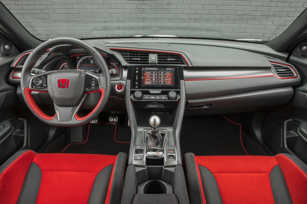 A close-up look at the red and gray interior of the 2017 Honda Civic Type R