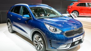 A blue 2017 Kia Niro hybrid crossover SUV on display at Brussels Expo on January 13, 2017, in Brussels, Belgium