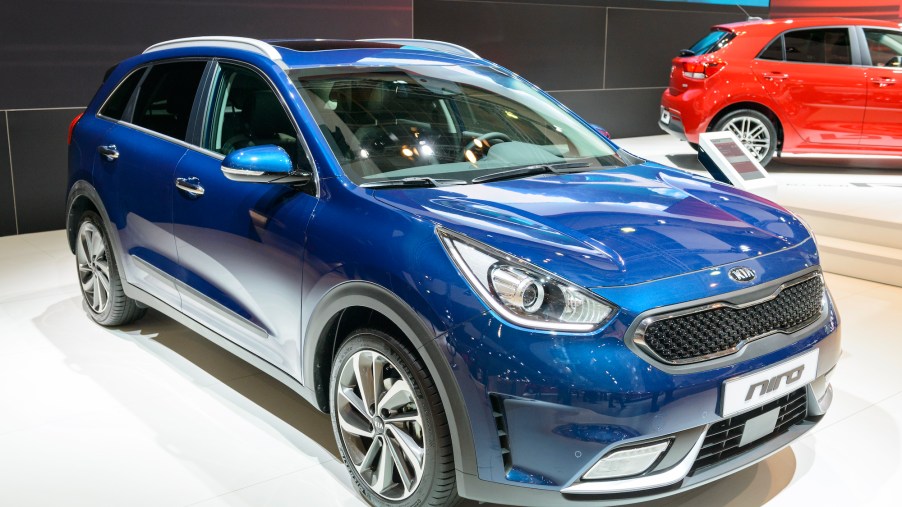 A blue 2017 Kia Niro hybrid crossover SUV on display at Brussels Expo on January 13, 2017, in Brussels, Belgium