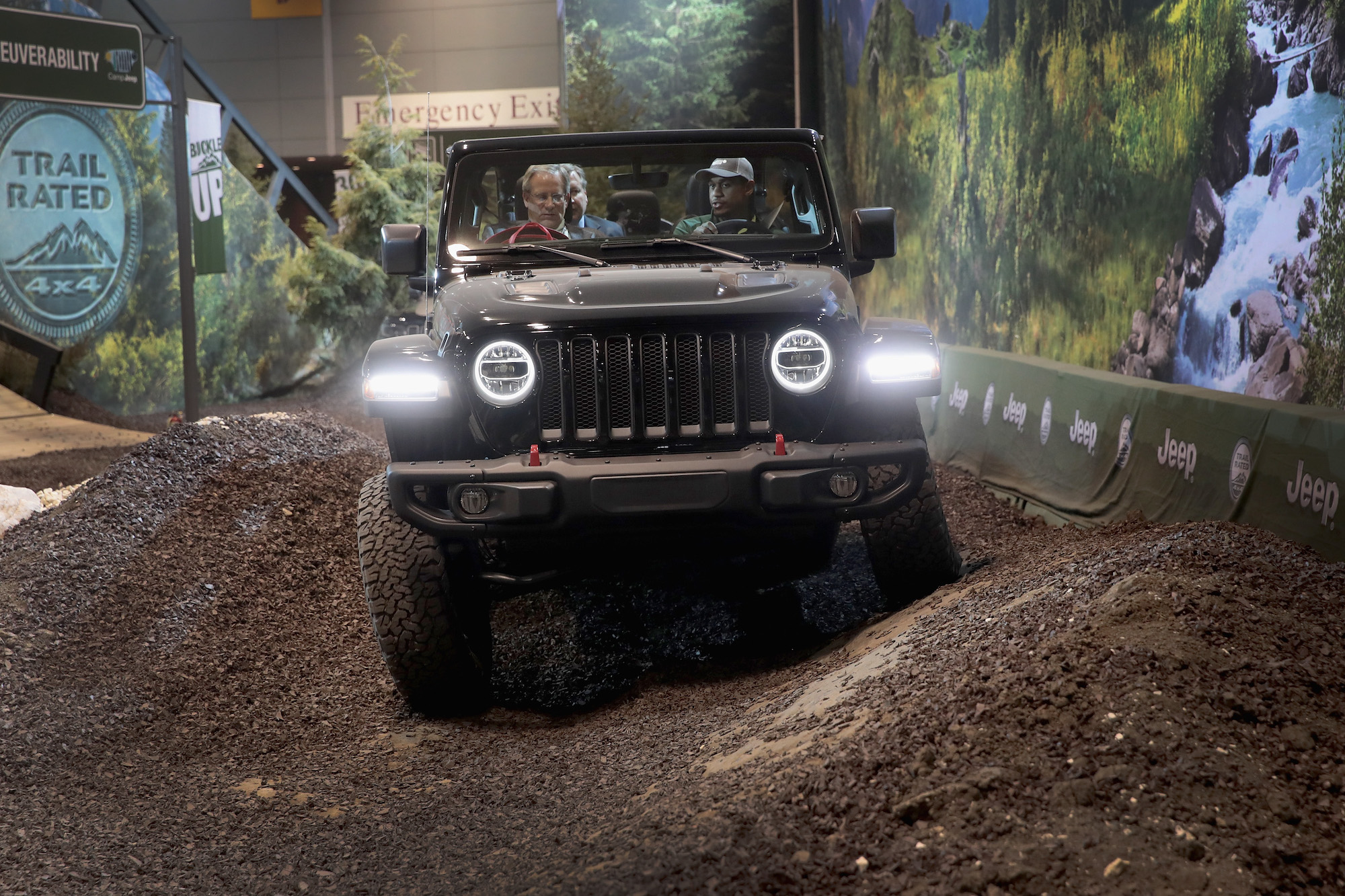 Guests drive a 2018 Jeep Wrangler on a simulated off-road course at the Chicago Auto Show on February 8, 2018, in Chicago, Illinois.