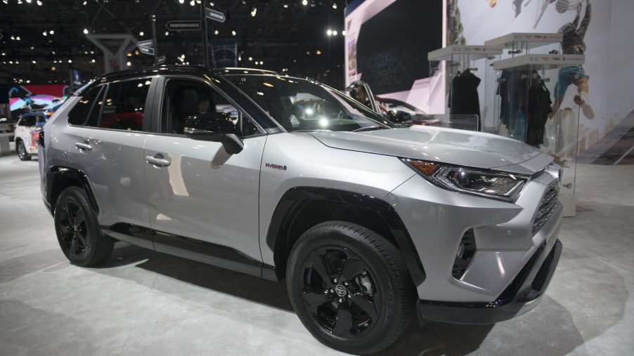 The Toyota Motor Corp. RAV4 XSE hybrid vehicle is displayed during the 2018 New York International Auto Show