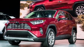 A red 2018 Toyota RAV4 compact crossover SUV displayed during the 2018 New York International Auto Show on Wednesday, March 28, 2018