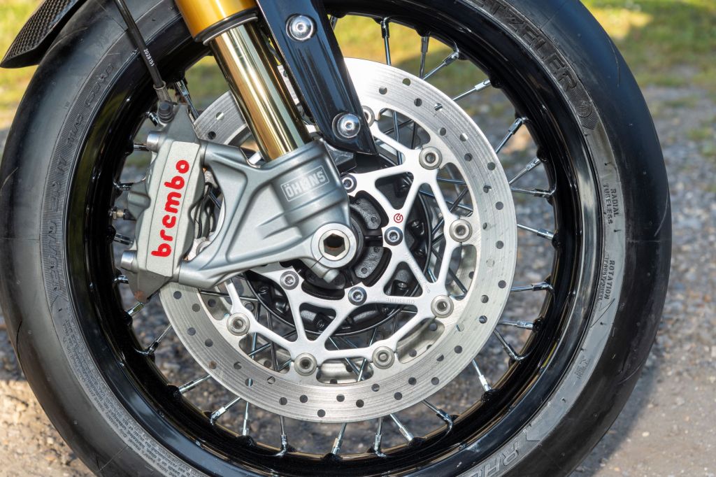 The front Brembo disc brake assembly on a 2019 Triumph Thruxton TFC 1200
