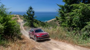 A red 2020 Subaru Outback midsize crossover SUV travels on a dirt trail up a pine-tree-dotted mountain with an ocean behind it