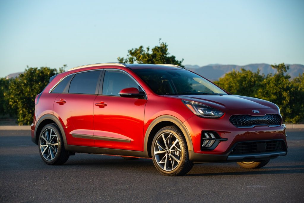 A 2020 Kia Niro shown in red, front shot.