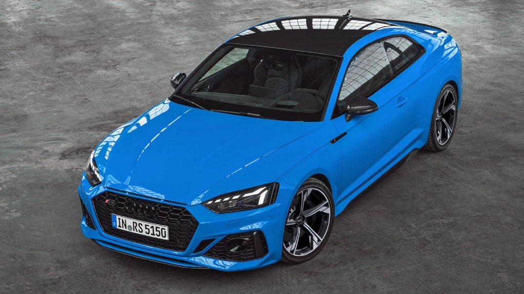 An overhead-angle view of a blue 2021 Audi RS5