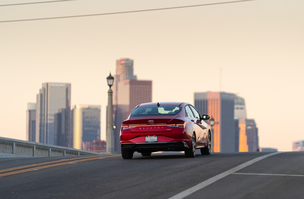 a rear shot of a red 2021 Hyundai Elantra