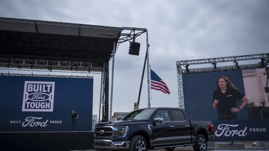 The 2021 Ford F-150 King Ranch Truck appears at the Ford Built for America event at Ford’s Dearborn Truck Plant