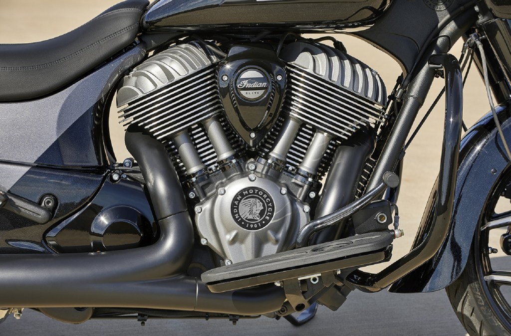 A close-up side view of the 2021 Indian Chieftain Elite's V-twin engine