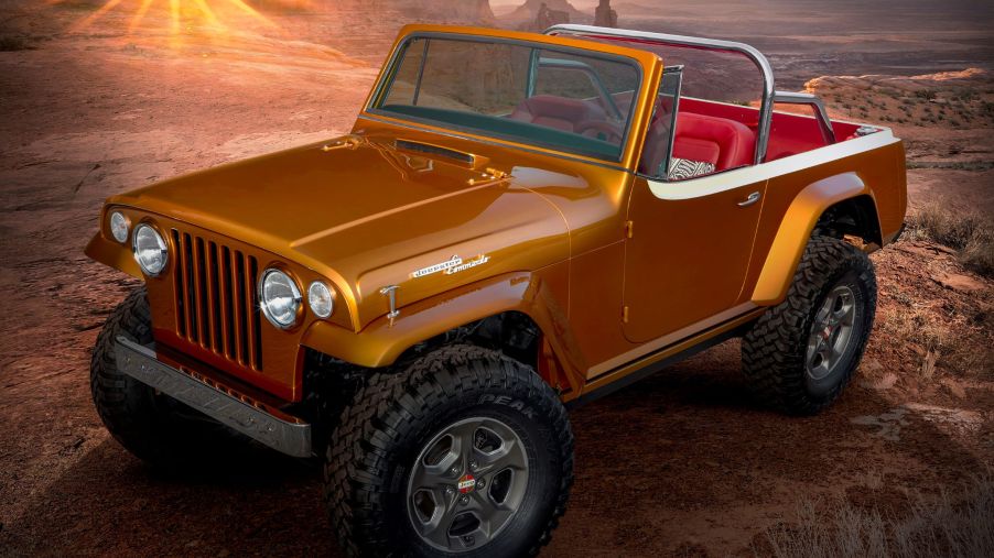 The orange 2021 Jeep Jeepster Beach concept in the desert mountains
