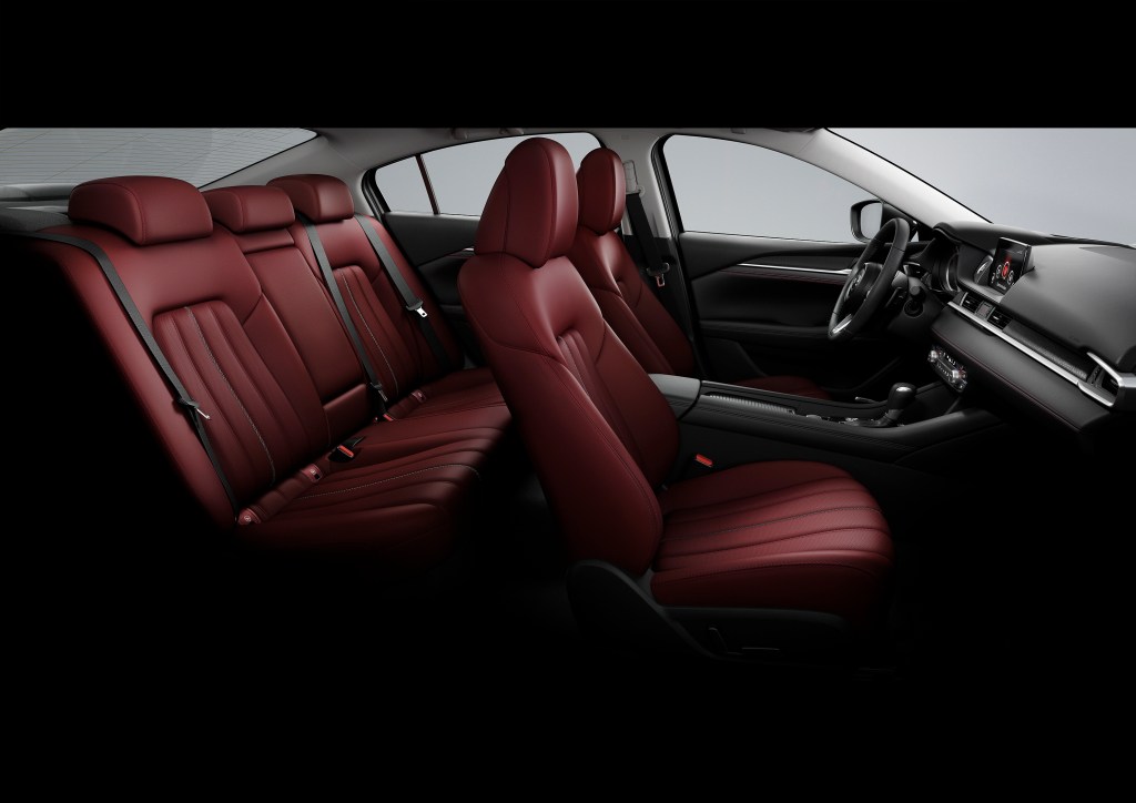A look inside the interior of the 2021 Mazda6 Carbon Edition, which features red leather seats