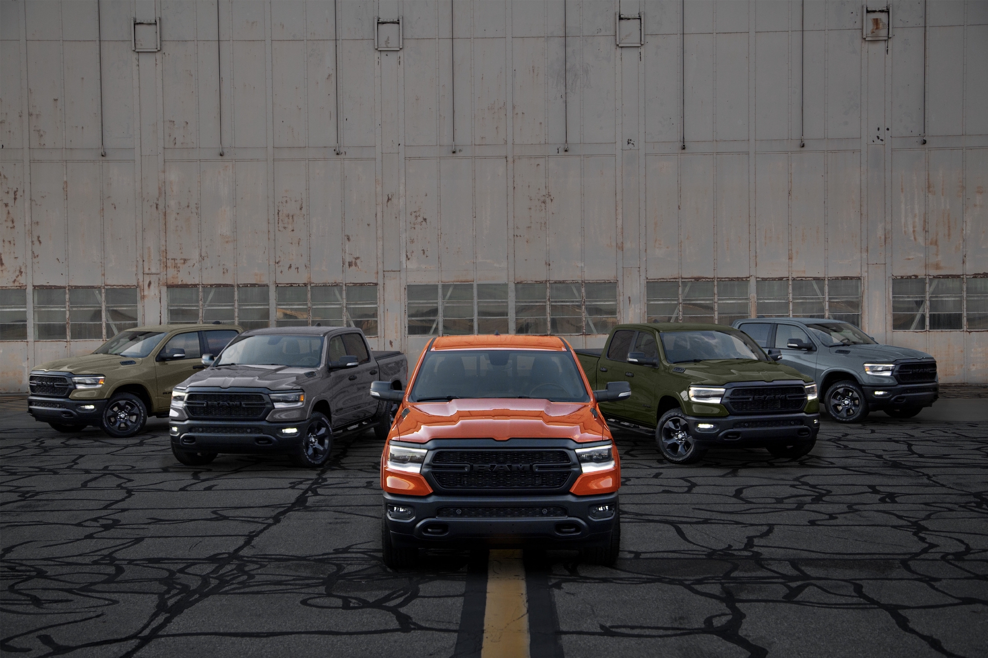 Five 2021 Ram trucks in colors that honor the five branches of the U.S. Military. Ram is one of the most liked car brands.