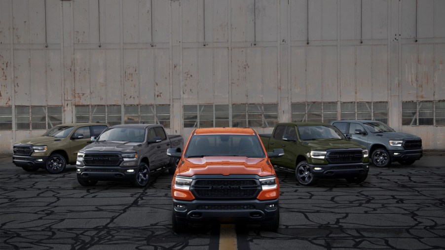 Five 2021 Ram trucks in colors that honor the five branches of the U.S. Military. Ram is one of the most liked car brands.