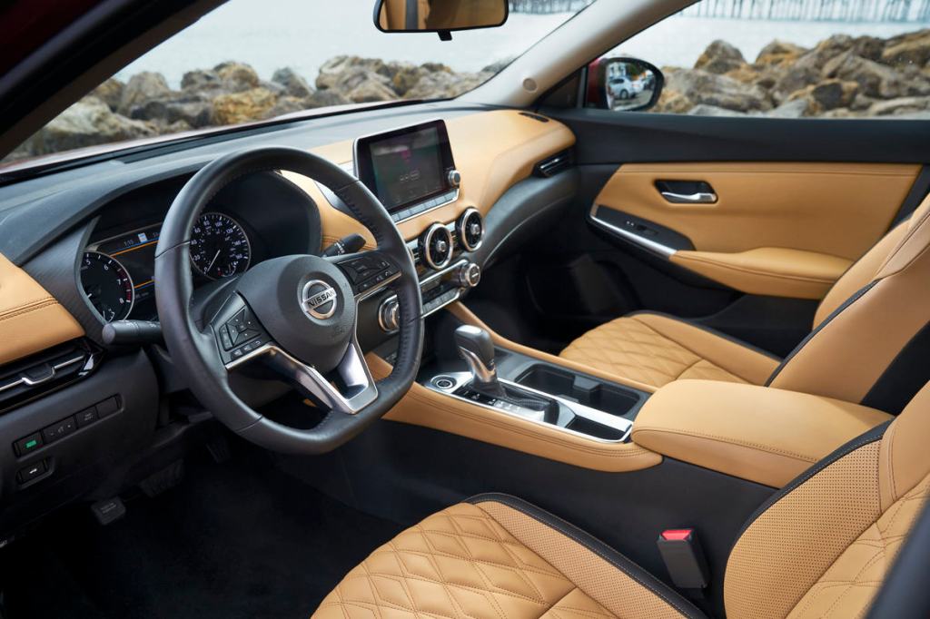 the tan leather interior of the 2021 nissan sentra