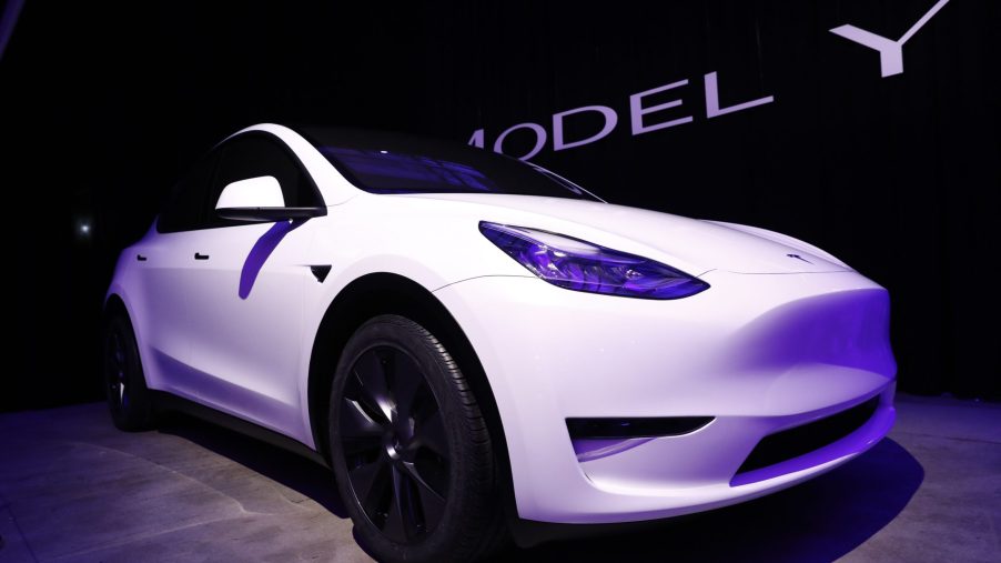 A white 2021 Tesla Model Y on display