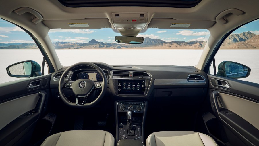 A 2021 Volkswagen Tiguan's gray-and-beige cockpit