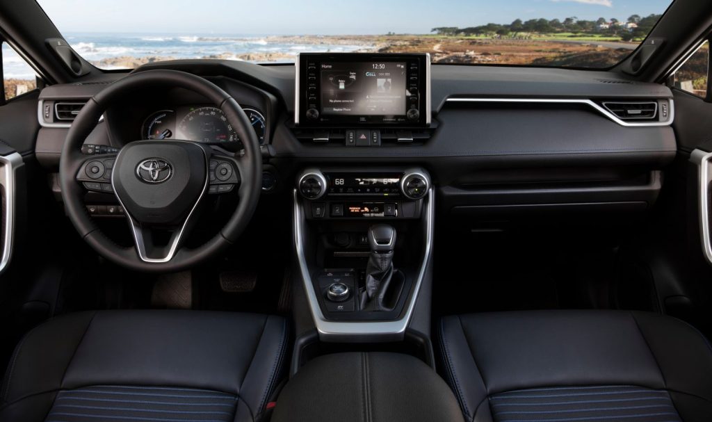 The 2021 Toyota RAV4 Hybrid interior shot from the front seat