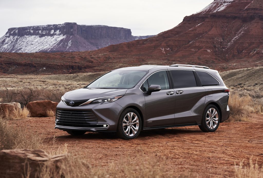 a front shot of the 2021 Toyota Sienna in the desert