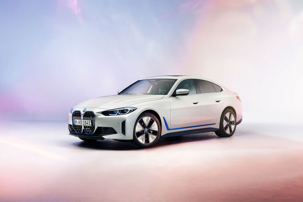 A white-with-blue-elements 2022 BMW i4