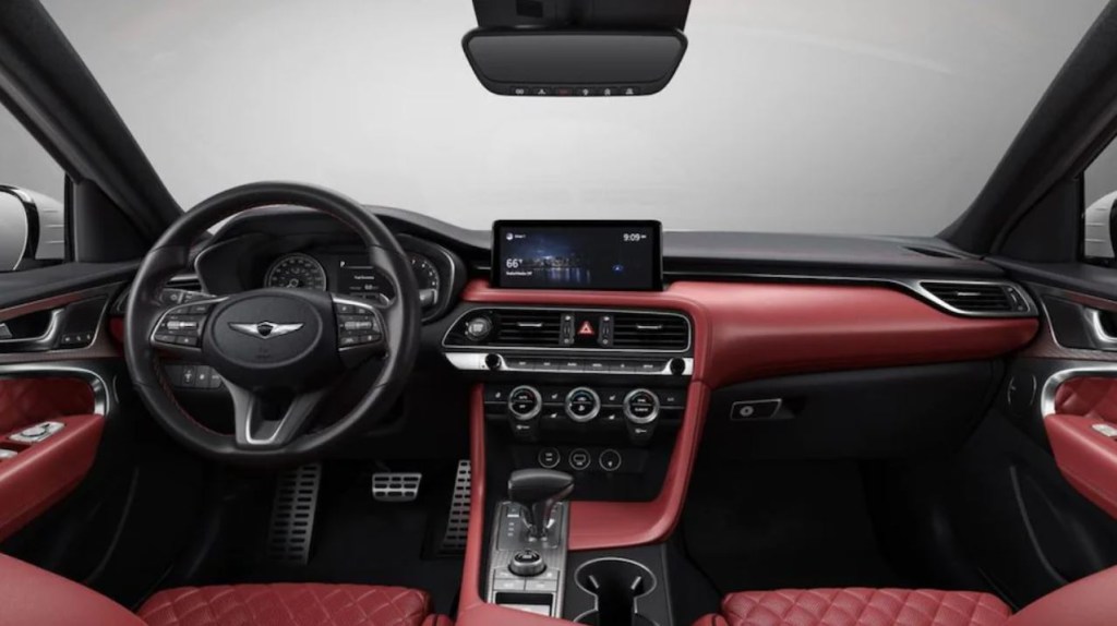 A look at the red quilted-leather interior of the 2022 Genesis G70 Launch Edition