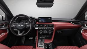 A look at the red quilted-leather interior of the 2022 Genesis G70 Launch Edition