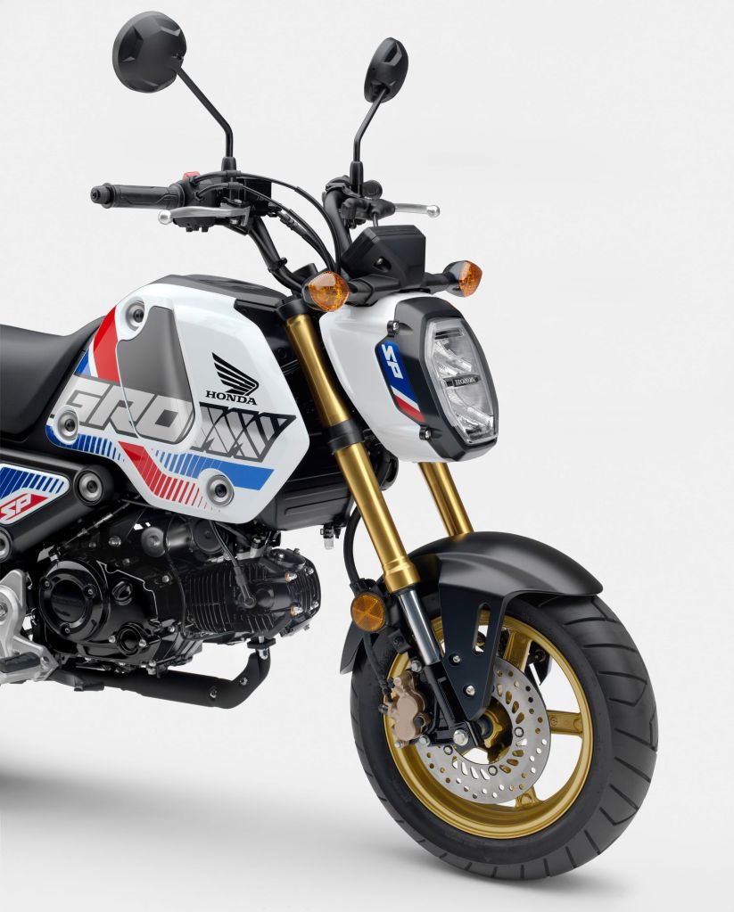 The front half of the white-with-red-and-blue-stripes 2022 Honda Grom SP, showing the gold-colored forks, wheels, and brake calipers