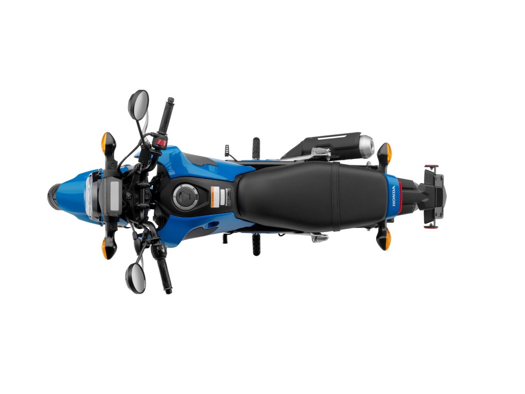 An overhead view of a blue 2022 Honda Grom