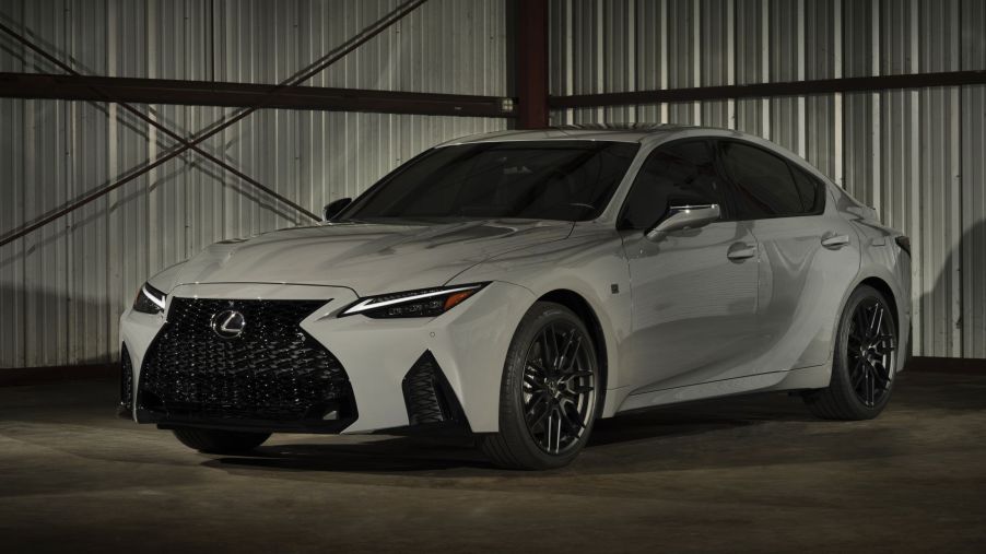 A gray 2022 Lexus IS500 F Sport Performance Launch Edition in a warehouse