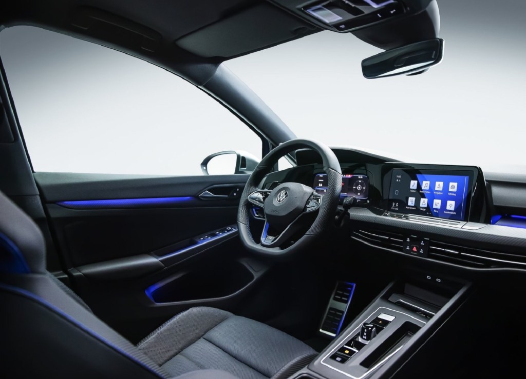 The black-leather driver's seat and dashboard of the 2022 Volkswagen Golf R