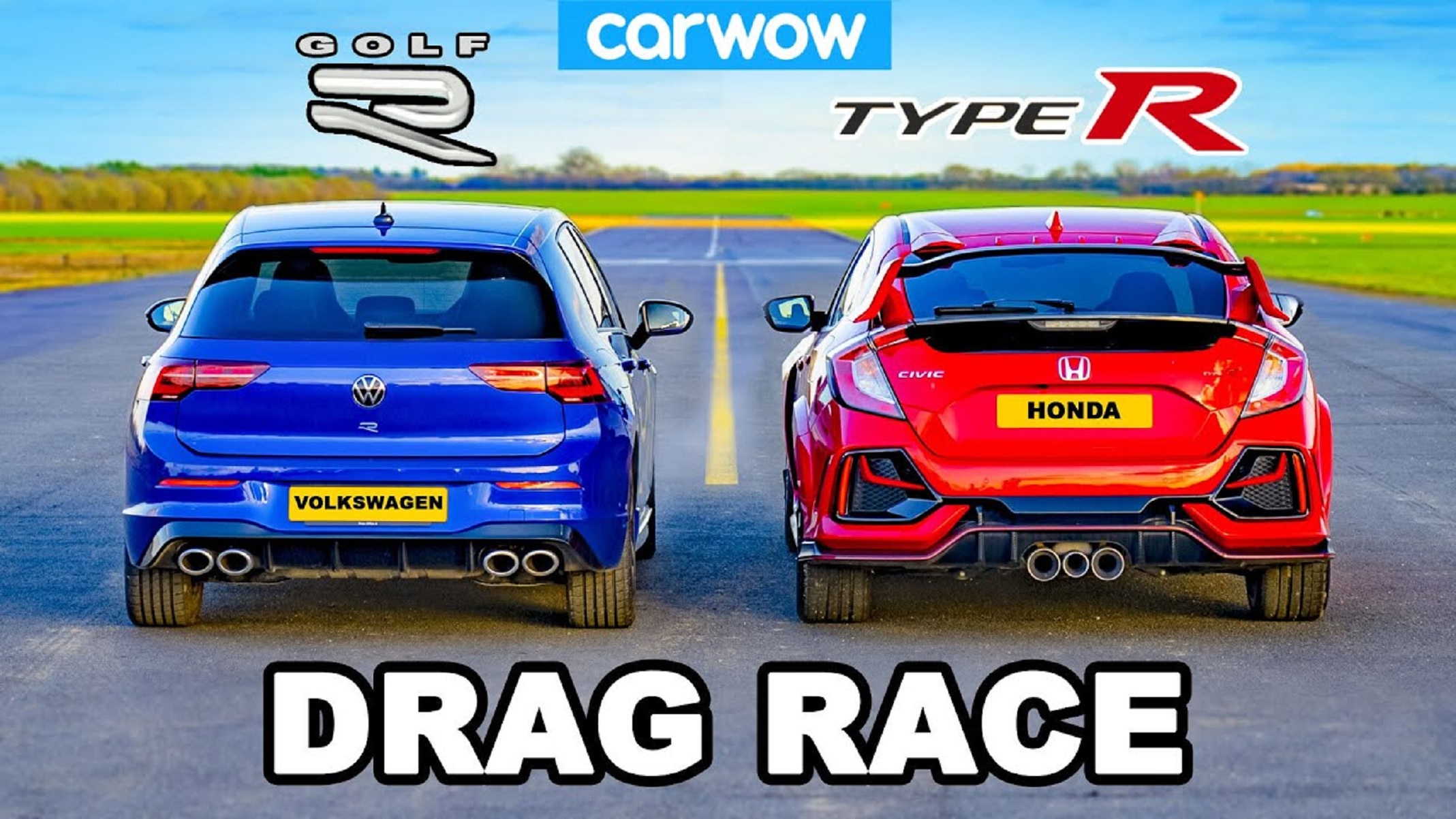 A blue 2022 Volkswagen Golf R next to a red 2021 Honda Civic Type R on an airstrip