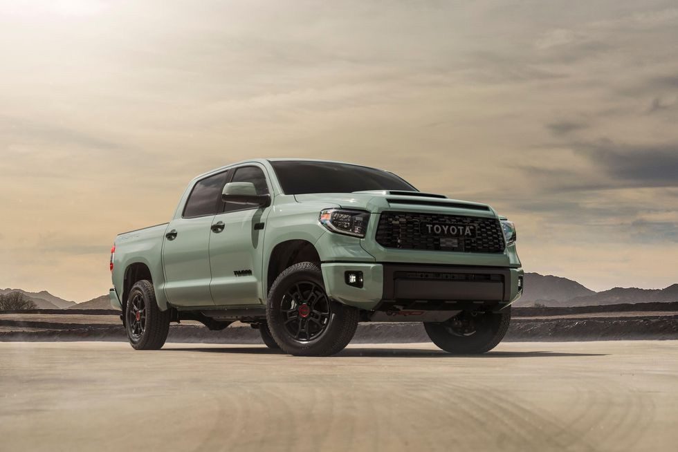 a 2021 Toyota tundra TRD pro in Lunar Rock showing off its aggressive stance in the desert.