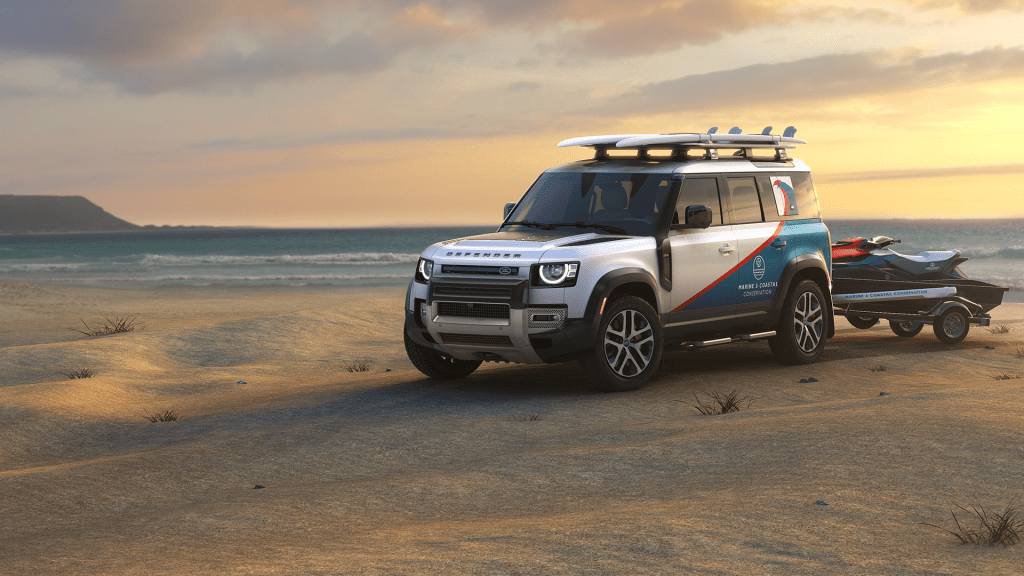 a coastal and marine conservation land rover defender concept on the beach 
