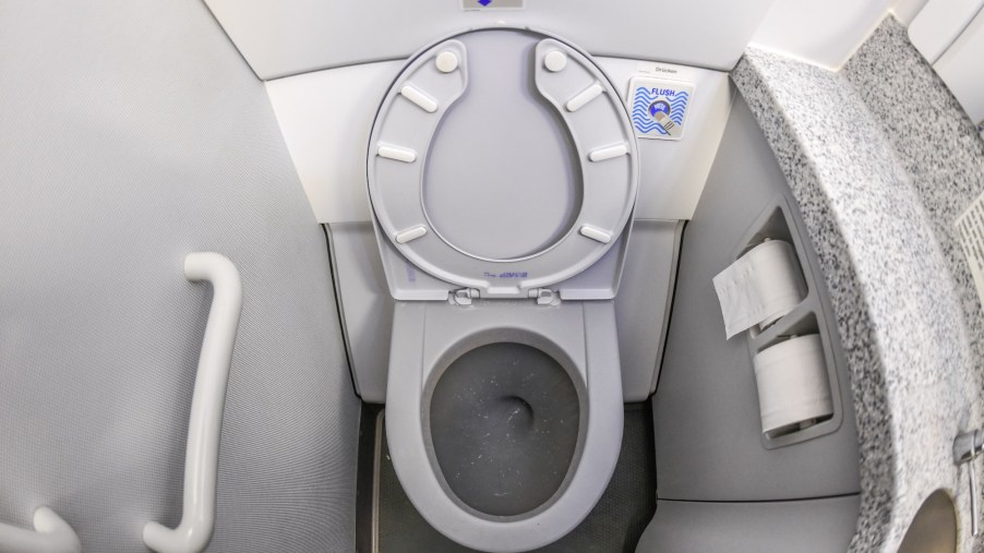 RV toilets work much like this white and gray airplane toilet pictured