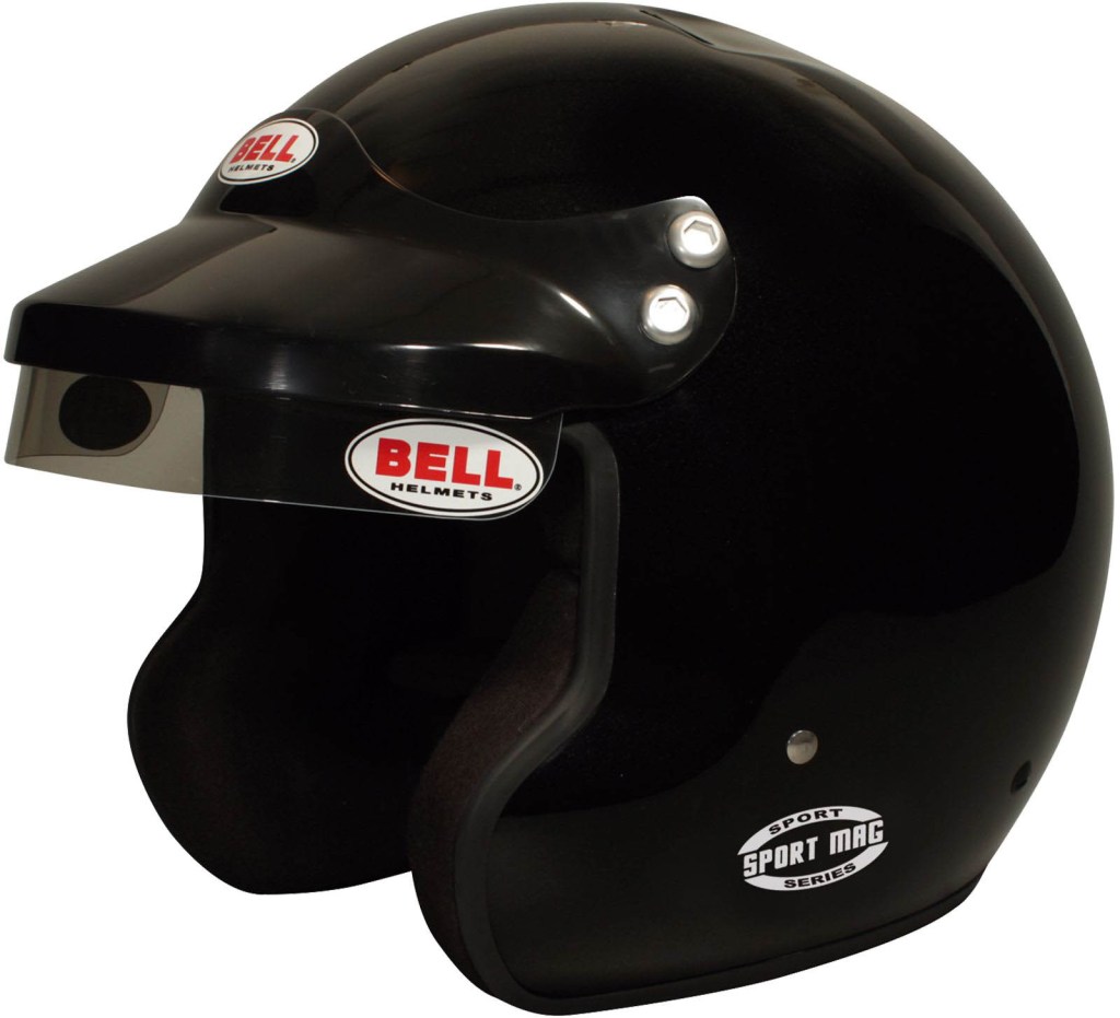 a black Bell Racing Sport Mag open-face helmet