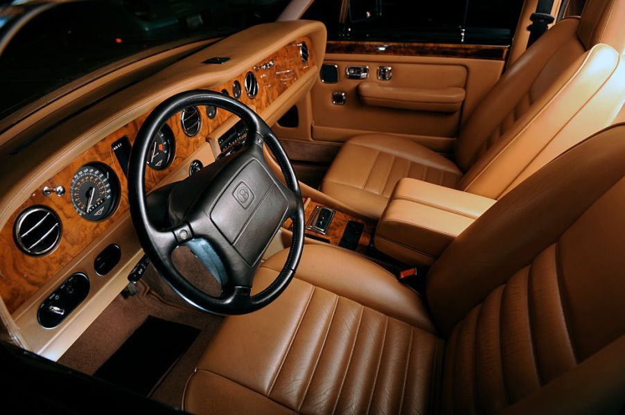 The brown leather interior of a 1986 Bentley Turbo R luxury sports car