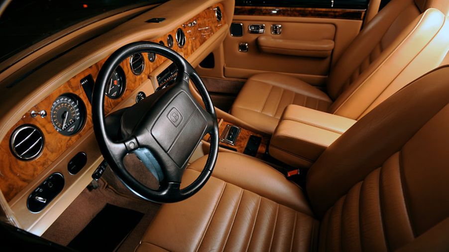 The brown leather interior of a 1986 Bentley Turbo R luxury sports car