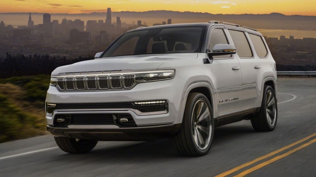 A 2022 Jeep Grand Wagoneer Concept driving on the road